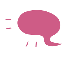 Stylized pink speech bubble doodle with small motion lines to the side.