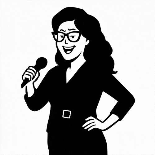 A hand-drawn illustration of a woman talking into a microphone animatedly