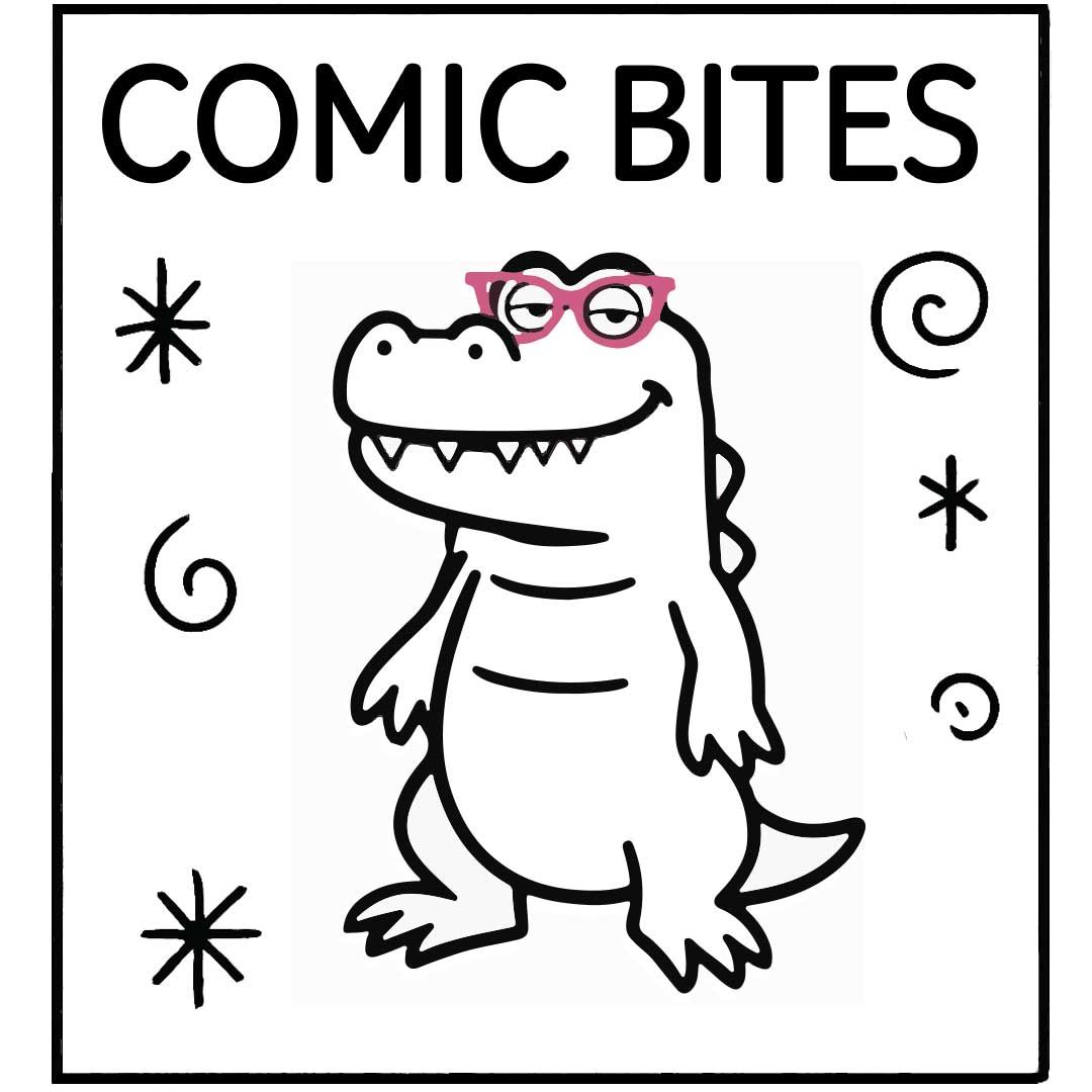 Comic Bites title card with a cheerful cartoon alligator mascot wearing pink cat-eye glasses, centered in a square frame with hand-drawn swirl and asterisk decorations