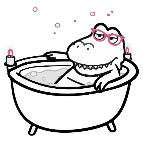 Black and white line art of a cartoon crocodile with pink glasses relaxing in a bubble bath with candles.

