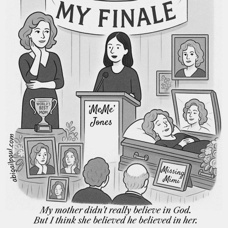 Black and white cartoon of a woman giving a funeral eulogy for "MeMe Jones." The room is filled with numerous self-portraits of the deceased, a trophy for "World's Best Mom," and a banner reading "My Finale." Caption: "My mother didn't really believe in God. But I think she believed he believed in her.