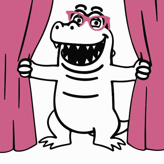 InstiGator peeks out from behind a pink curtain, winking and welcoming visitors to Abigail Paul's reviews which she was too humble to post otherwise.