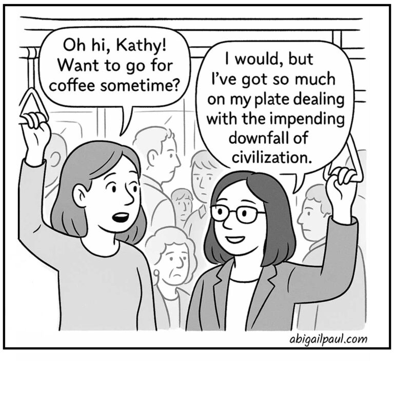 A woman on a crowded train politely declines a coffee invitation because she is too busy dealing with the impending downfall of civilization.