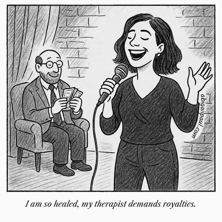 A satirical single-panel cartoon by Frankfurt-based comedian Abigail Paul. A healed woman performs stand-up while a therapist sits behind her, proving her healing is so high her therapists takes a cut.