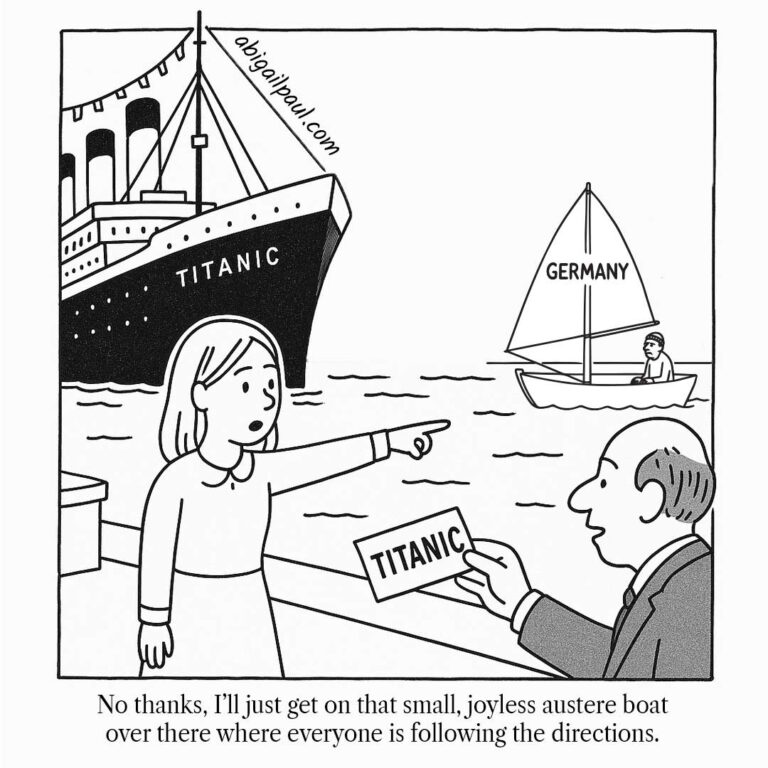 A satirical single-panel cartoon by Frankfurt comedian Abigail Paul. A woman refuses a ticket for the 'TITANIC' from a man in a suit, pointing instead toward a small sailboat labeled 'GERMANY.' The caption reads: 'No thanks, I'll just get on that small, joyless austere boat over there where everyone is following the directions.
