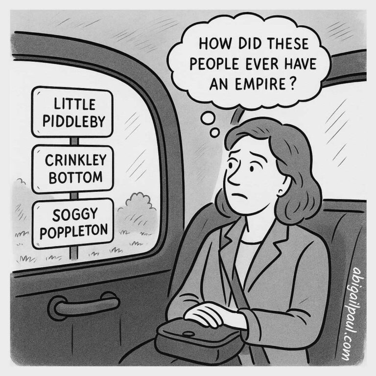A black and white comic shows a woman in a car looking at a sign for "Little Piddleby," "Crinkley Bottom," and "Soggy Poppleton." Her thought bubble says, "How did these people ever have an empire?"