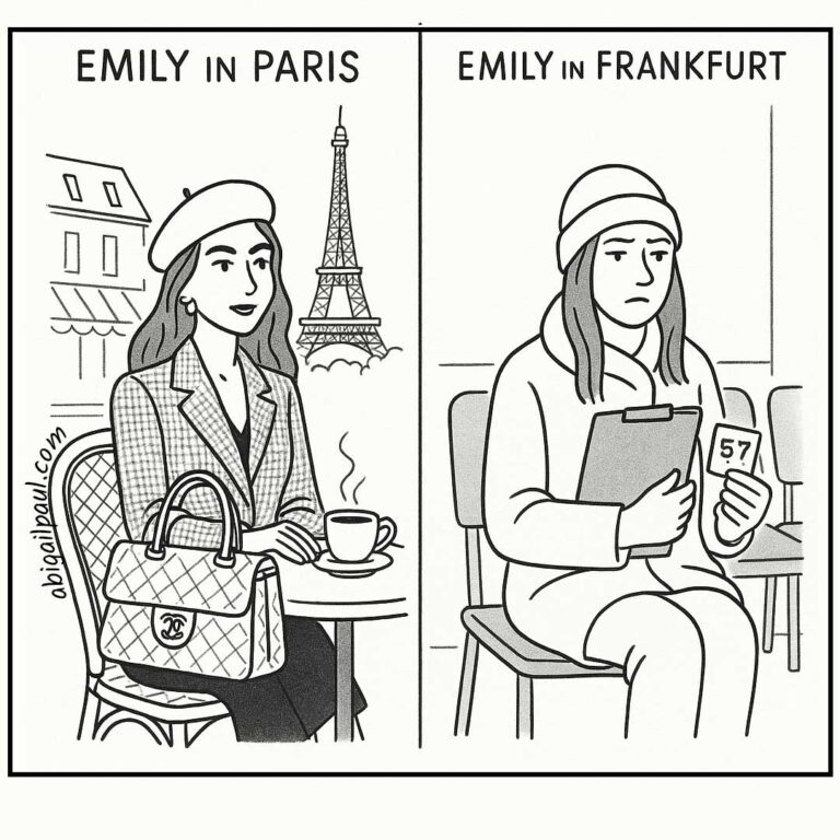 A two-panel cartoon comparing Emily in Paris with Emily in Frankfurt: on the left, a romanticized Emily in front of the Eiffel Tower; on the right, a realistic Emily holding a waiting number outside a grey German government office.