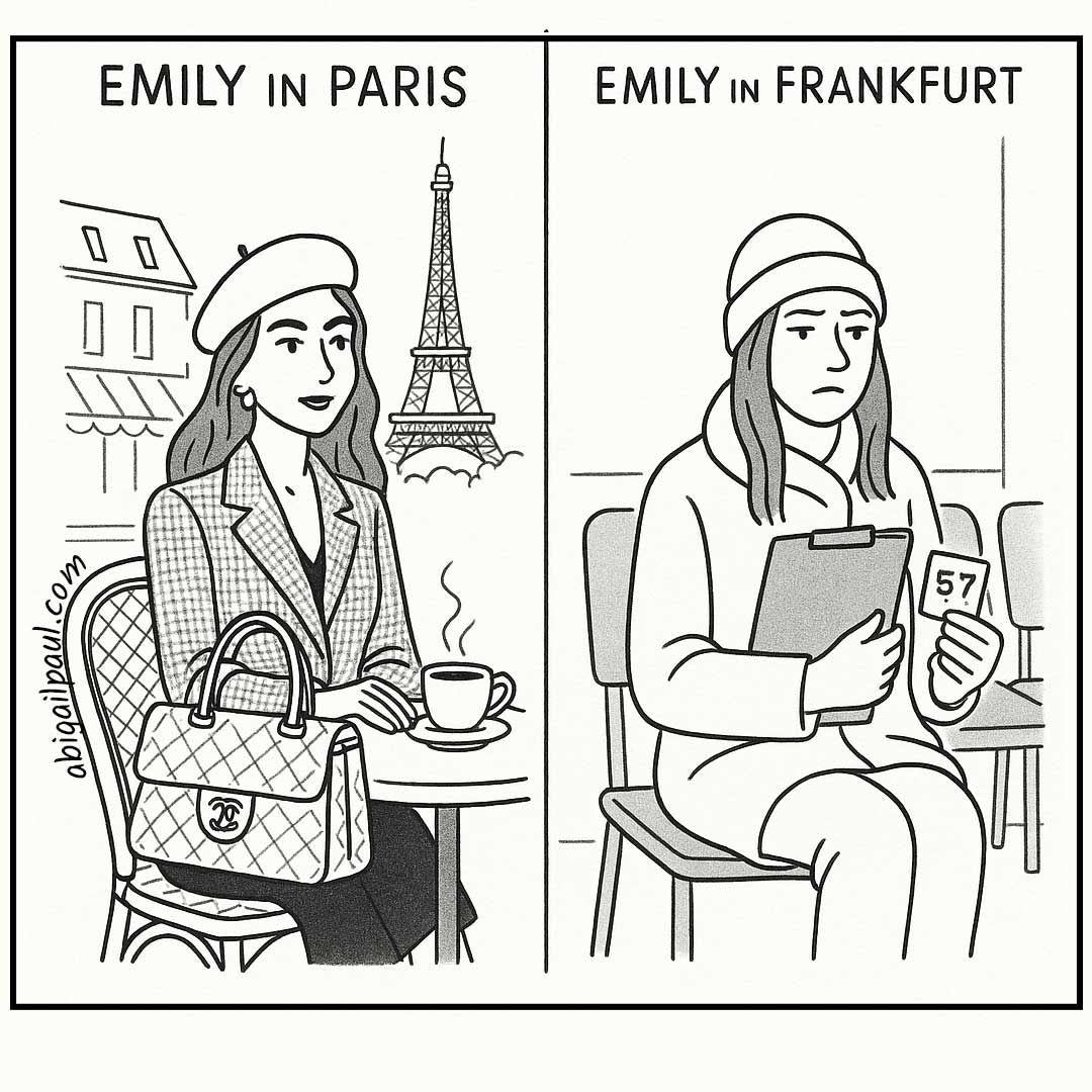 A two-panel cartoon comparing Emily in Paris with Emily in Frankfurt: on the left, a romanticized Emily in front of the Eiffel Tower; on the right, a realistic Emily holding a waiting number outside a grey German government office.