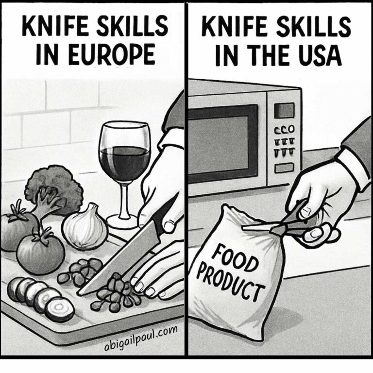 A two-panel cartoon comparing knife skills: in Europe, a person chops fresh vegetables next to wine; in the USA, a person uses scissors to open a bag of 'Food Product' next to a microwave.