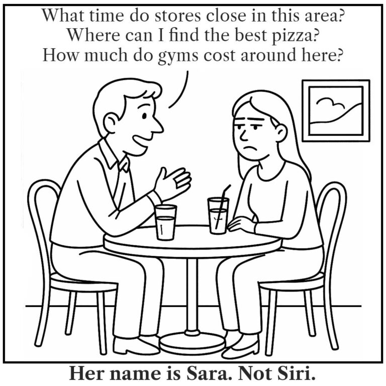Comic showing a man on a date asking practical questions like "What time do stores close?" and "Where can I find the best pizza?" while his date Sara looks exhausted. Caption: "Women are not google with boobs. Please don't boogle us."