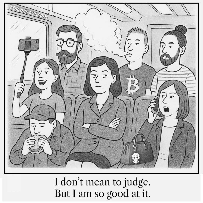 Cartoon of a cynical woman judging fellow passengers on a train, including a vapist, a train eater, a Labubu lady and a selfie-stick user.