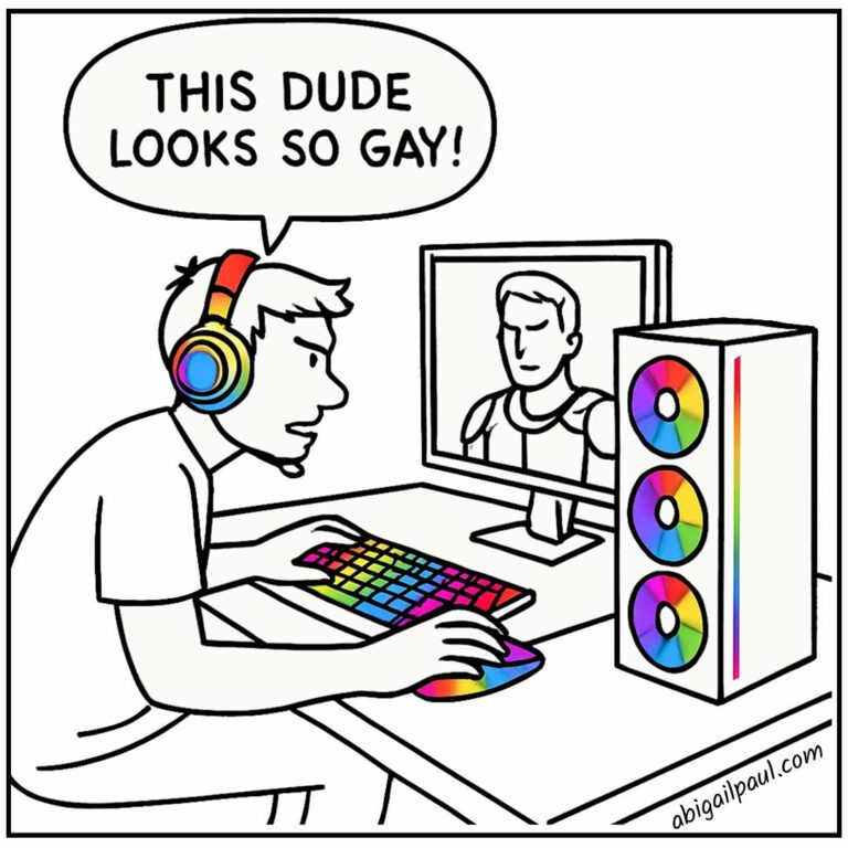 A gamer at a desk covered in rainbow RGB gear calling someone on screen gay