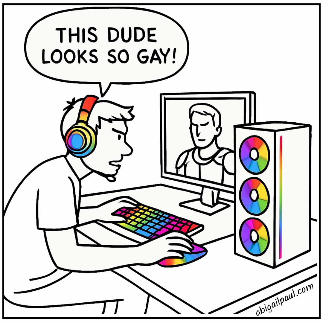 A gamer at a desk covered in rainbow RGB gear calling someone on screen gay