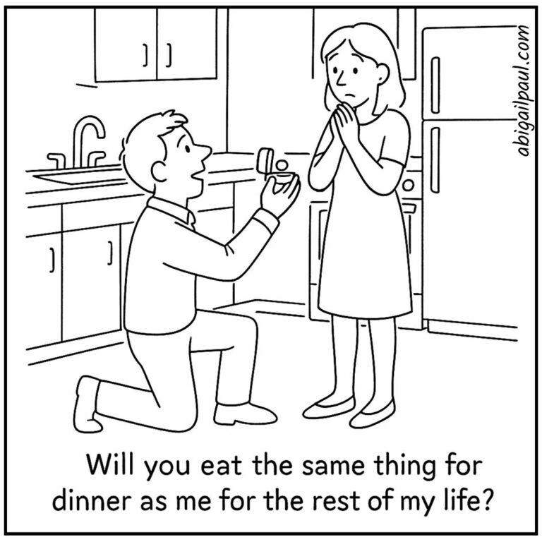 The real commitment is tolerating someone else's mayonnaise. A black and white line drawing cartoon of a man down on one knee in a kitchen, holding up an engagement ring to a woman. The caption reads: "Will you eat the same thing for dinner as me for the rest of my life?"