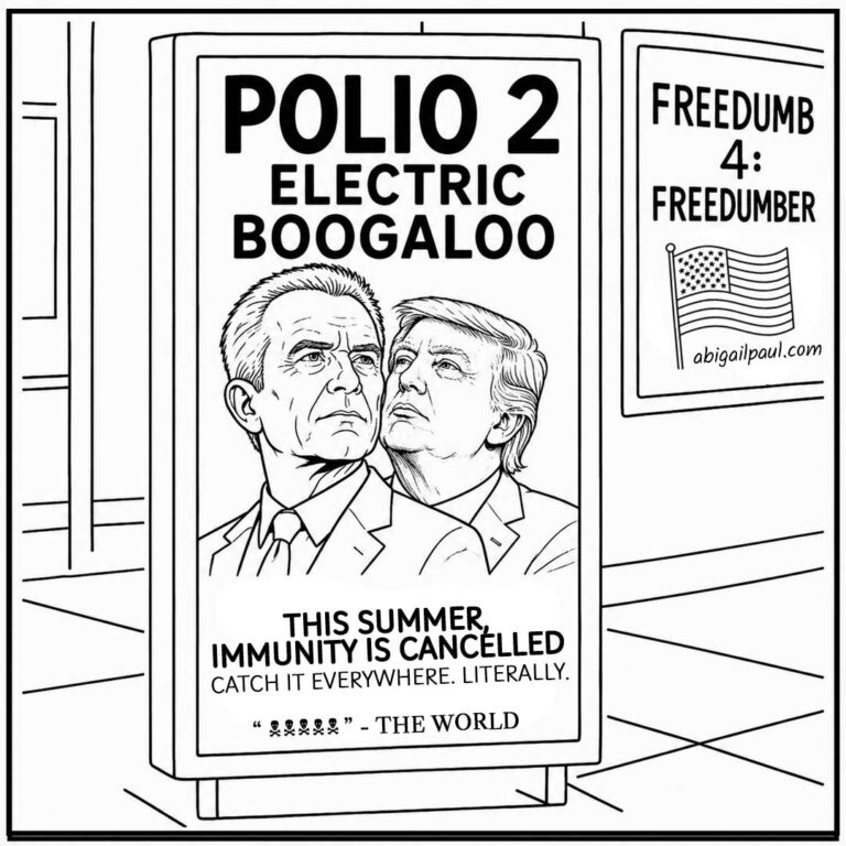 A satirical single-panel cartoon styled like a movie billboard advertisement. The poster features dramatic portraits of political figures looking into the distance. The headline reads: "POLIO 2: ELECTRIC BOOGALOO. THIS SUMMER, IMMUNITY IS CANCELLED. CATCH IT EVERYWHERE. LITERALLY." In the background, a smaller poster satirizes an American flag with the phrase "FREEDUMB 4: FREEDUMBER".